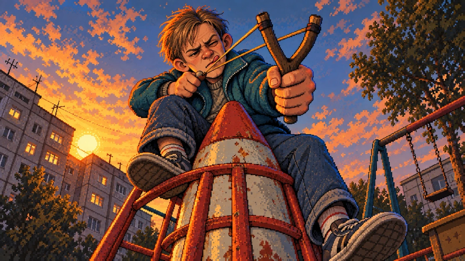 Maloy with a slingshot on the playground rocket, a loading screen from the game